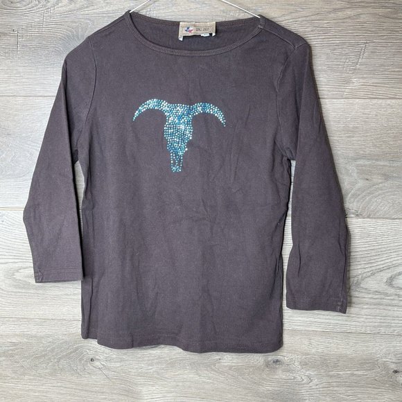 Dont Mess With Texas Top Womens L Youth Brown L Sleeve Blue Rhinestone Longhorn - Picture 2 of 8